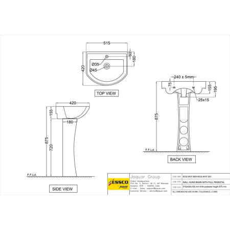 Раковина Essco Elements ECS-WHT-805 Белая с пьедесталом